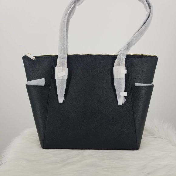 Michael Kors Charlotte Large Black Leather Tote Bag Zip Closure Gold Hardware - Picture 5 of 8